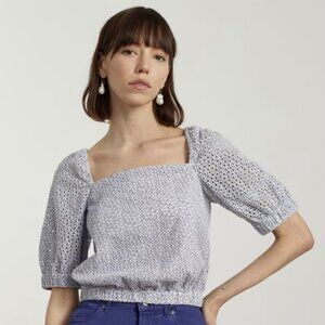 Everlane The Eyelet Puff Sleeve Square Neck Top in Blue Small